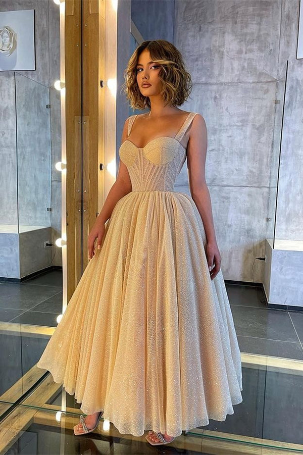 Shinny Straps Sweetheart Prom Dress Sequins Midi Length Sleeveless-showprettydress