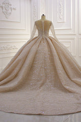Shiny Ball Gown Tulle Jewel Long Sleevess Ruffless Wedding Dress-showprettydress