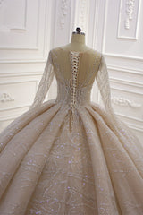 Shiny Ball Gown Tulle Jewel Long Sleevess Ruffless Wedding Dress-showprettydress