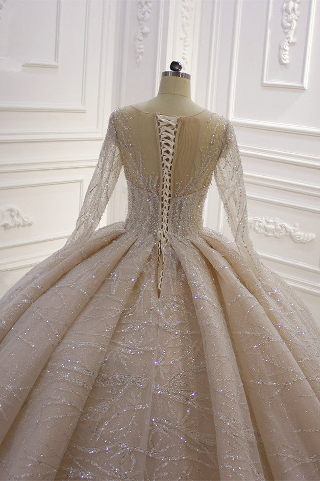 Shiny Ball Gown Tulle Jewel Long Sleevess Ruffless Wedding Dress-showprettydress