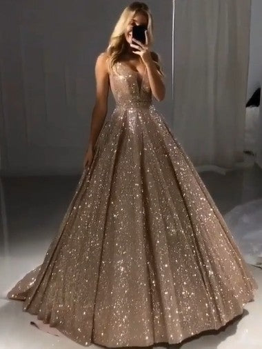 Shiny Gold Ball Gown Evening Dresses Chic V-Neck Sequin Prom Dresses-showprettydress