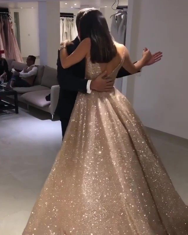 Shiny Gold Ball Gown Evening Dresses Chic V-Neck Sequin Prom Dresses-showprettydress