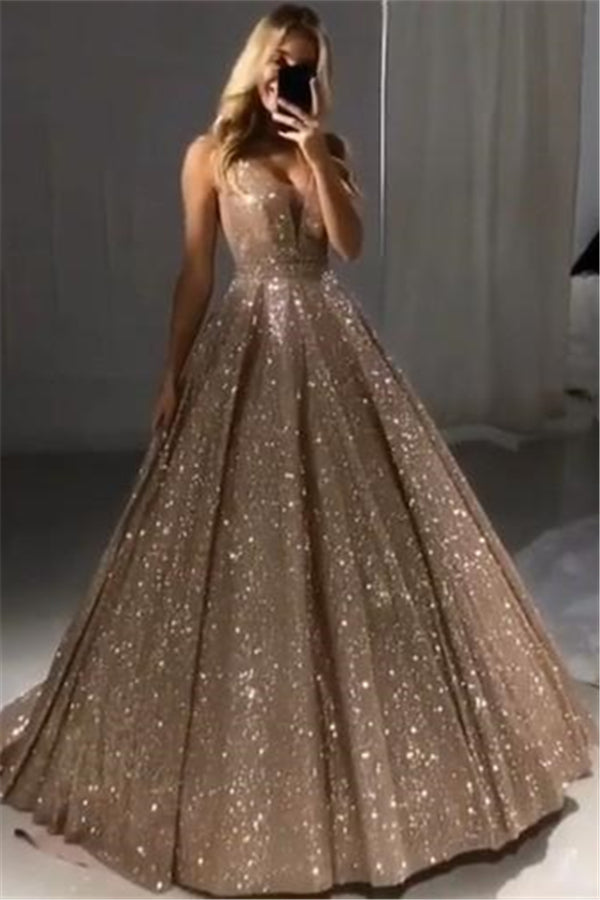 Shiny Gold Ball Gown Evening Dresses Chic V-Neck Sequin Prom Dresses-showprettydress