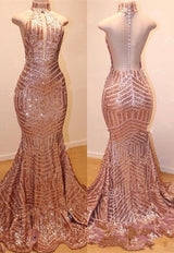 Shiny High Neck Sleeveless Sequins Mermaid Prom Dresses-showprettydress