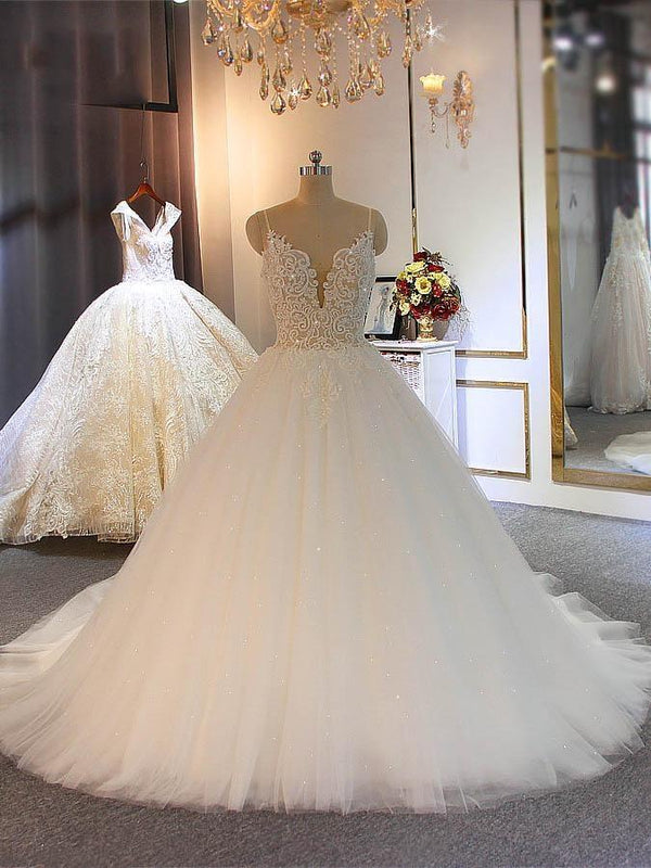 Shiny Long Ball Gown Sweetheart Spaghetti Strap Lace Tulle Wedding Dresses-showprettydress