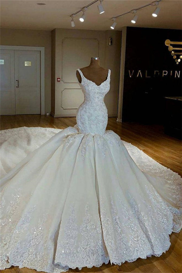 Shiny Mermaid Beading Lace Straps Applique Wedding Dresses-showprettydress