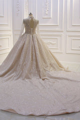 Shiny Sequined Long Sleevess Pleats Champange Wedding Dress-showprettydress