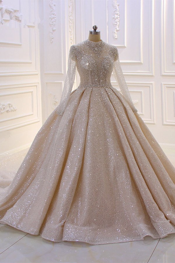 Shiny Sequined Long Sleevess Pleats Champange Wedding Dress-showprettydress