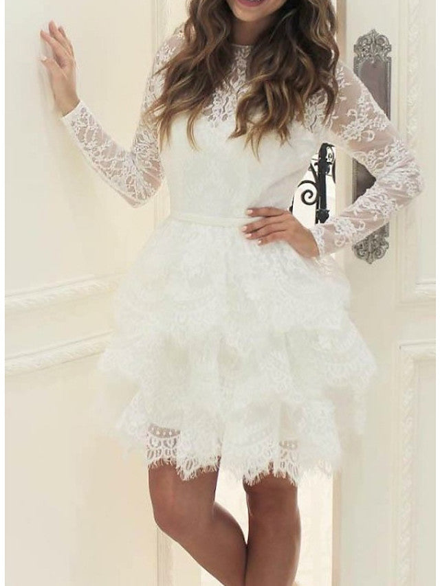 Short A-line Lace Tulle Jewel Neck Wedding Dresses with Sleeves-showprettydress