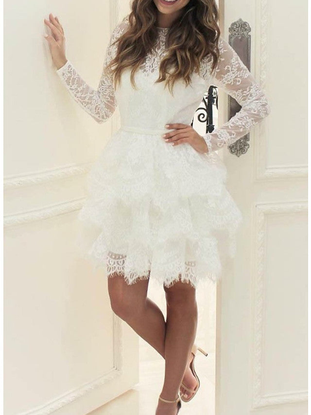 Short A-line Lace Tulle Jewel Neck Wedding Dresses with Sleeves-showprettydress
