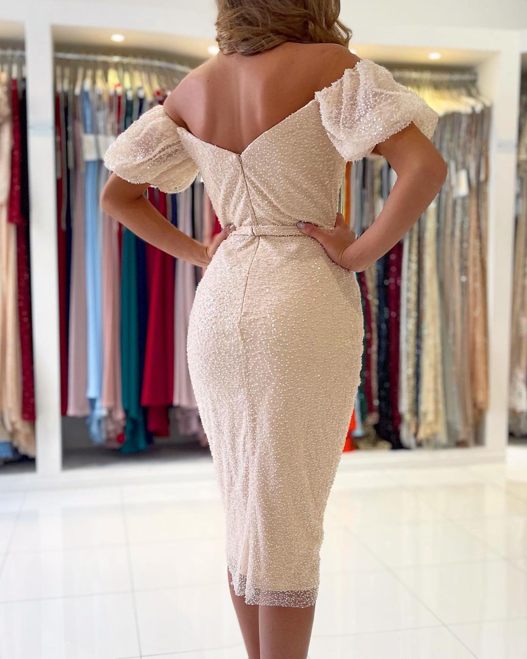 Short Mermaid Off-the-Shoulder Prom Dress With Slit Sequins Party Gowns with Sleeves-showprettydress