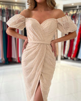Short Mermaid Off-the-Shoulder Prom Dress With Slit Sequins Party Gowns with Sleeves-showprettydress