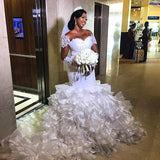 Short sleeves Off the shoulder White Mermaid Wedding Dresses with Ruffles Train-showprettydress