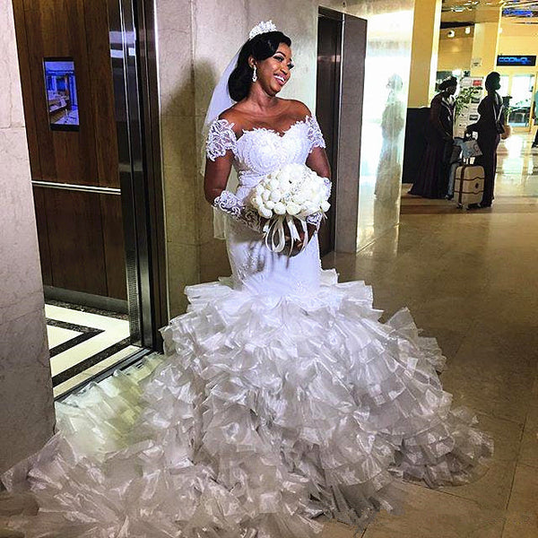 Short sleeves Off the shoulder White Mermaid Wedding Dresses with Ruffles Train-showprettydress