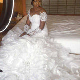 Short sleeves Off the shoulder White Mermaid Wedding Dresses with Ruffles Train-showprettydress