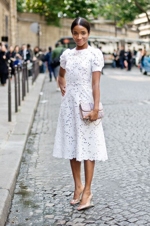 Short sleeves White Knee-length White Homecoming Dress for Sale-showprettydress