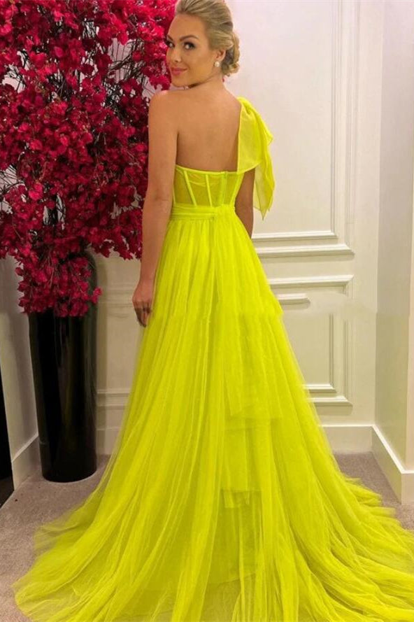 Showprettydess A-Line One-Shoulder Tulle Long Prom Dress with Split-showprettydress