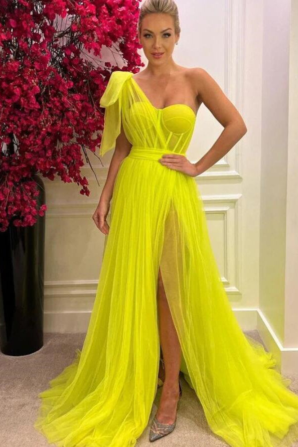 Showprettydess A-Line One-Shoulder Tulle Long Prom Dress with Split-showprettydress