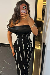 Showprettydess Amazing Black Satin Strapless Off-the-Shoulder Slim Long Prom Dress with Beadings-showprettydress