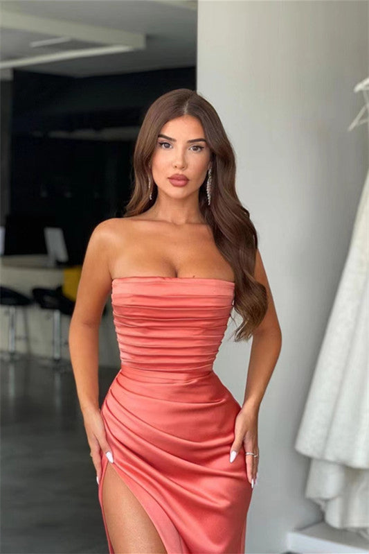Showprettydess Amazing Coral Strapless Mermaid Prom Dress with Pleats & Slit-showprettydress