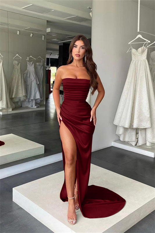 Showprettydess Amazing Coral Strapless Mermaid Prom Dress with Pleats & Slit-showprettydress