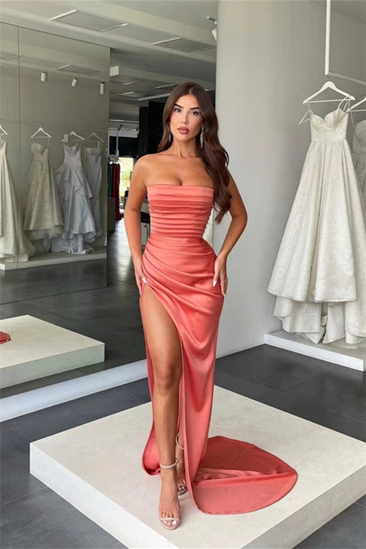 Showprettydess Amazing Coral Strapless Mermaid Prom Dress with Pleats & Slit-showprettydress