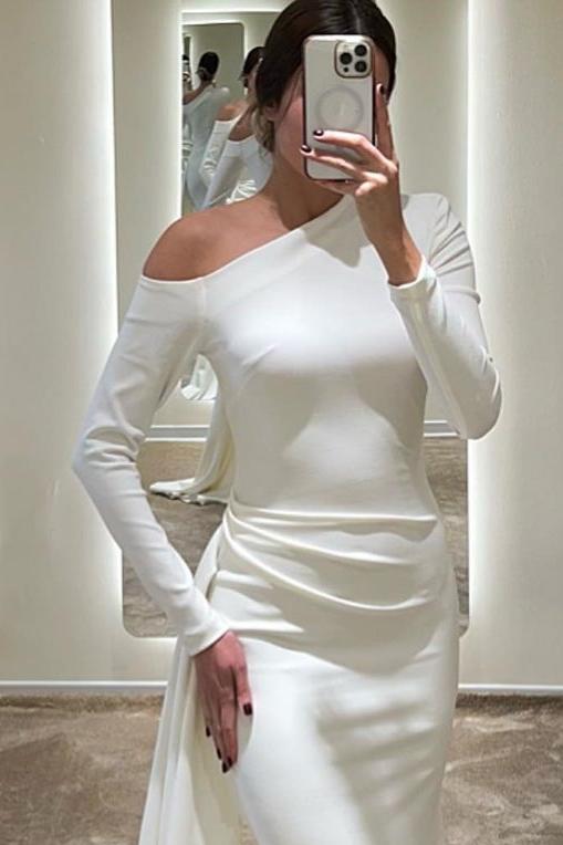 Showprettydess Amazing White Satin Long Sleeves Slim Long Mermaid Prom Dress with Pleats-showprettydress