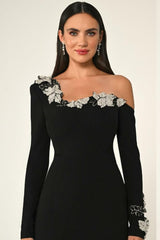 Showprettydess Beautiful Black Off-the-Shoulder Long Sleeves Slim Split Prom Dress with Beadings-showprettydress