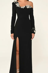 Showprettydess Beautiful Black Off-the-Shoulder Long Sleeves Slim Split Prom Dress with Beadings-showprettydress