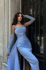 Showprettydess Beautiful Blue Satin Sweetheart Strapless Split Sequined Prom Dress with Gloves-showprettydress