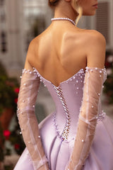 Showprettydess Beautiful Lilac Satin Sleeveless Strapless Beaded Long Split Prom Dress with Gloves-showprettydress