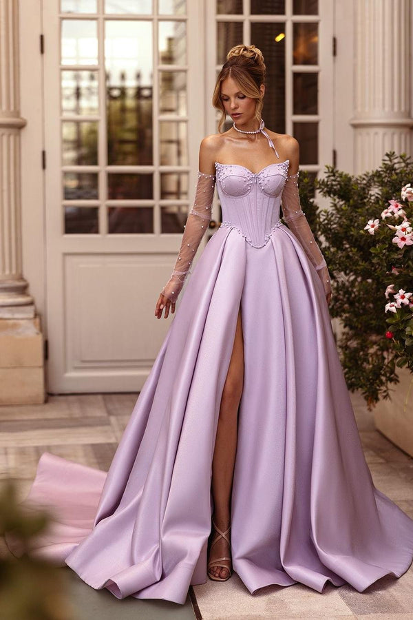 Showprettydess Beautiful Lilac Satin Sleeveless Strapless Beaded Long Split Prom Dress with Gloves-showprettydress
