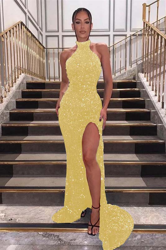 Showprettydess Black Halter Sequined Sleeveless Mermaid Prom Dress with Split-showprettydress