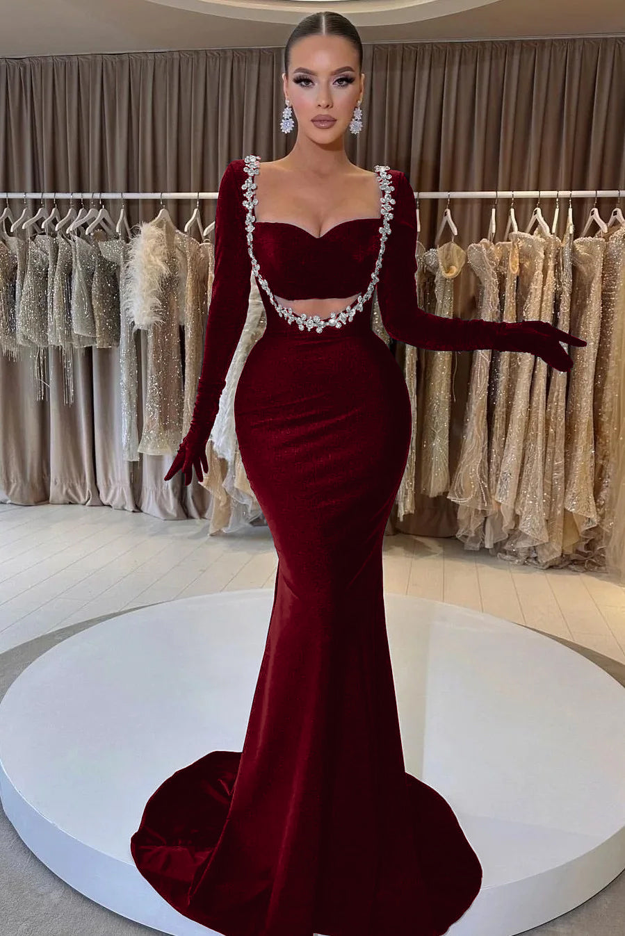 Showprettydess Black Long Sleeve Beaded Mermaid Prom Dress with Gloves-showprettydress
