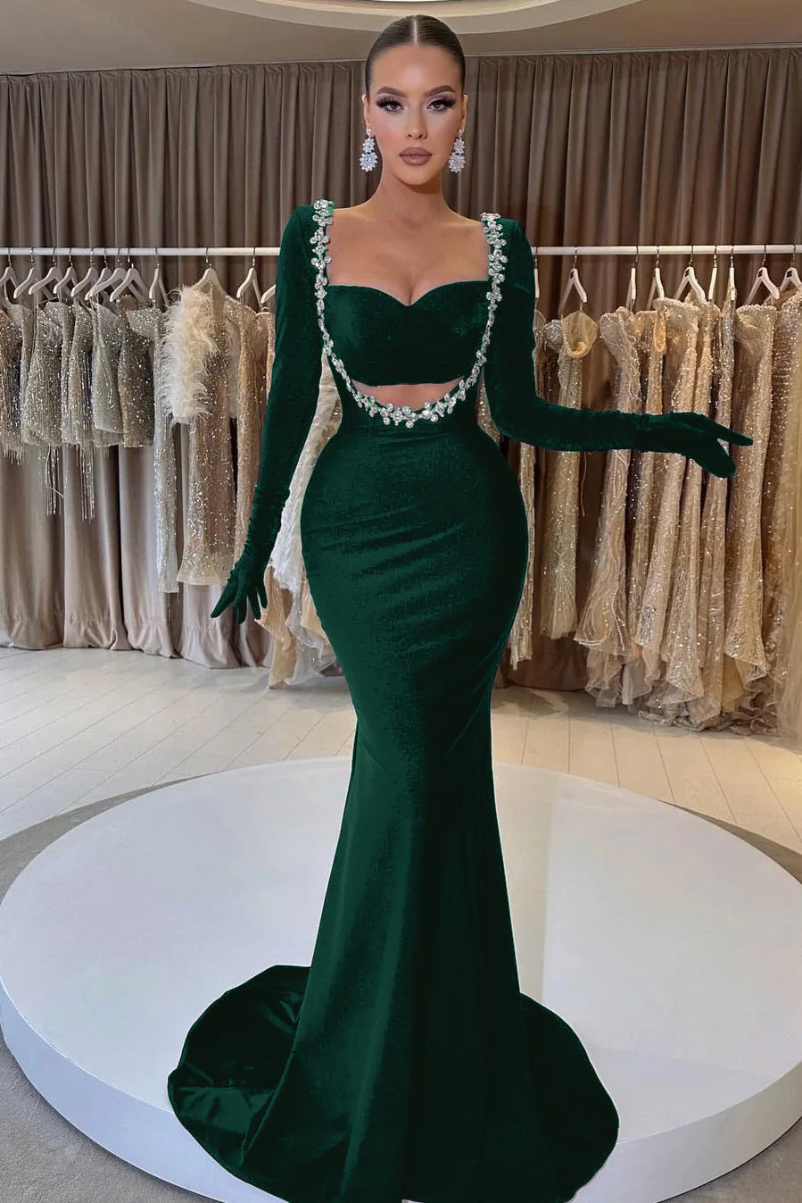 Showprettydess Black Long Sleeve Beaded Mermaid Prom Dress with Gloves-showprettydress