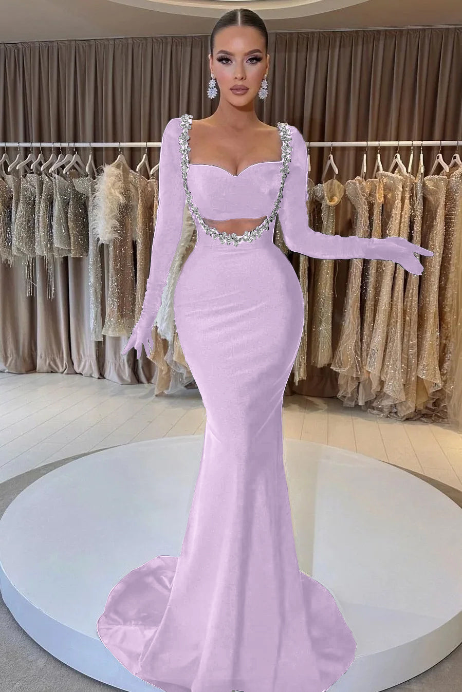 Showprettydess Black Long Sleeve Beaded Mermaid Prom Dress with Gloves-showprettydress