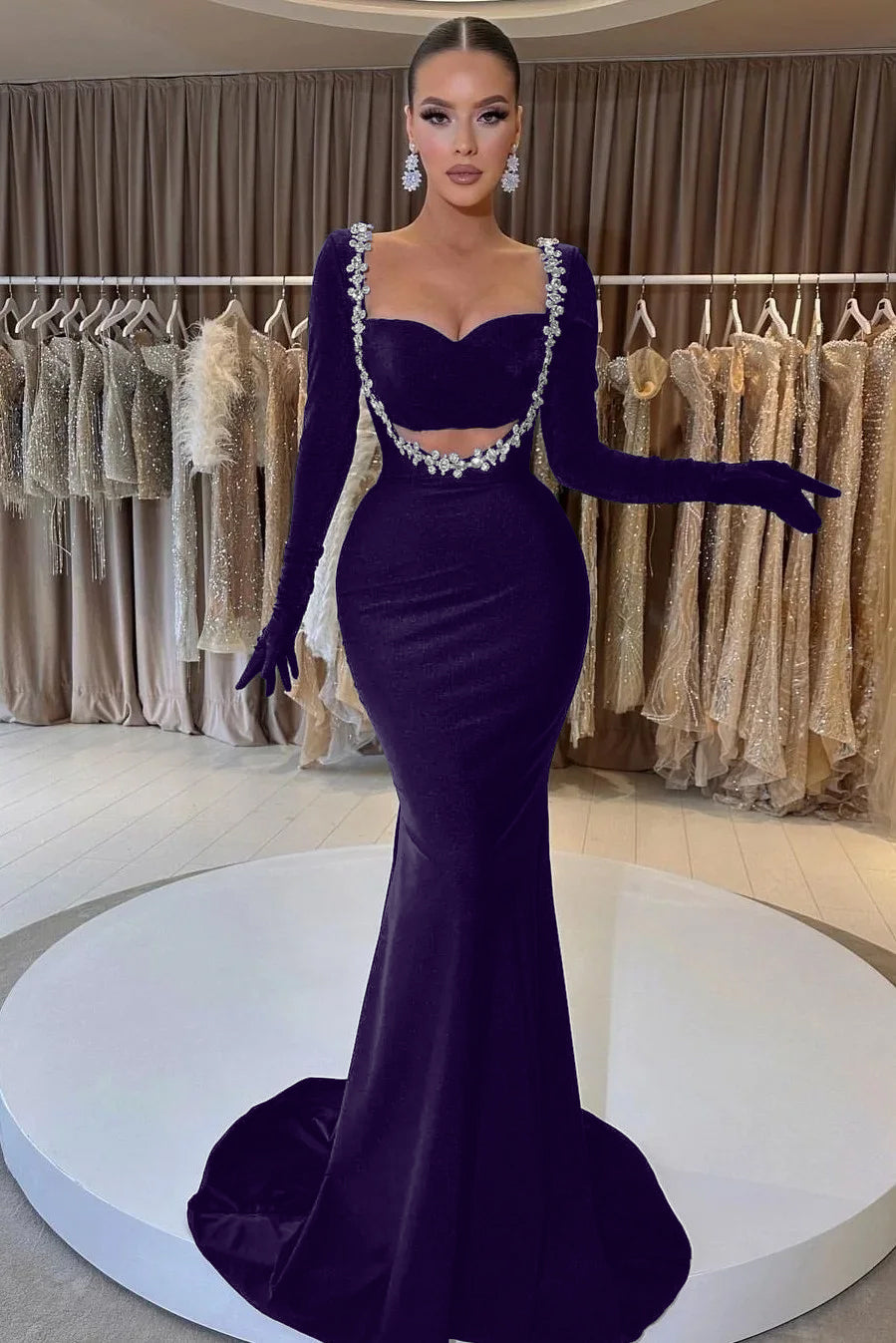 Showprettydess Black Long Sleeve Beaded Mermaid Prom Dress with Gloves-showprettydress