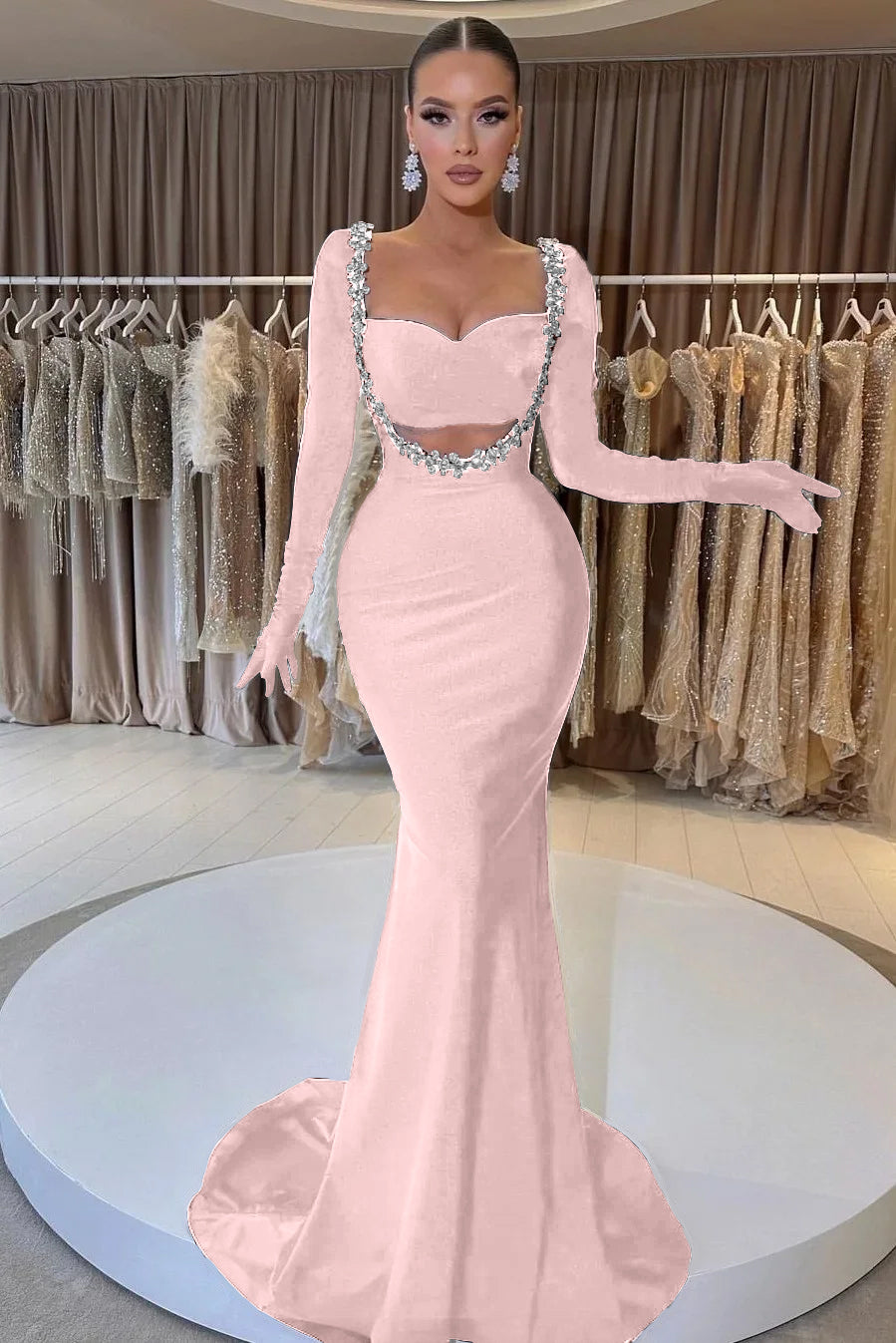 Showprettydess Black Long Sleeve Beaded Mermaid Prom Dress with Gloves-showprettydress