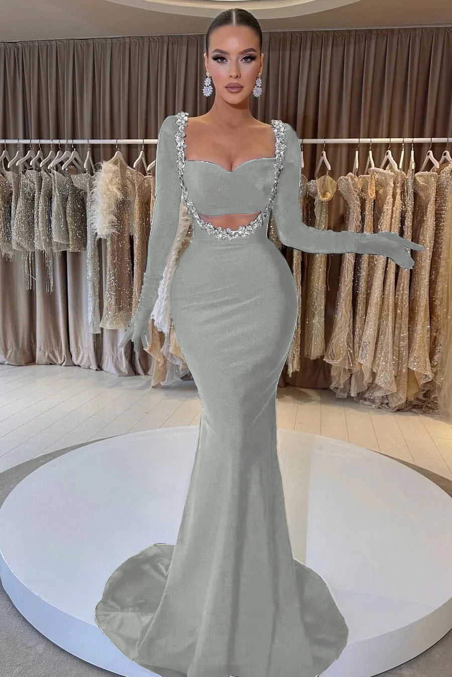 Showprettydess Black Long Sleeve Beaded Mermaid Prom Dress with Gloves-showprettydress