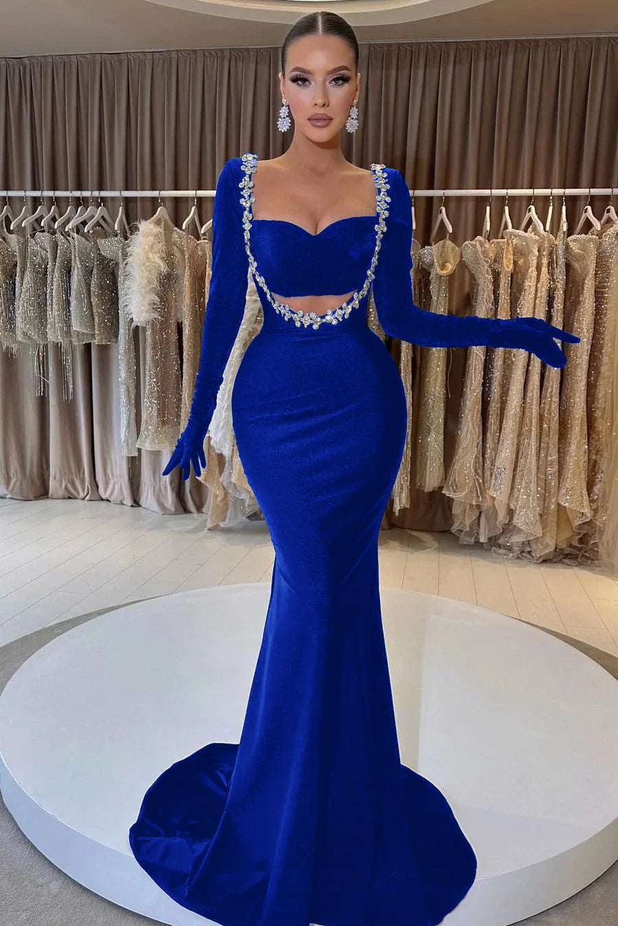 Showprettydess Black Long Sleeve Beaded Mermaid Prom Dress with Gloves-showprettydress