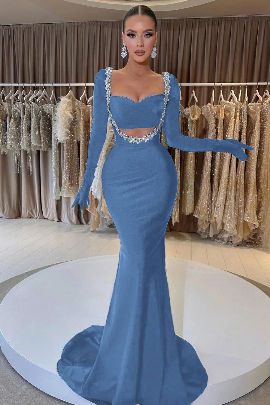 Showprettydess Black Long Sleeve Beaded Mermaid Prom Dress with Gloves-showprettydress