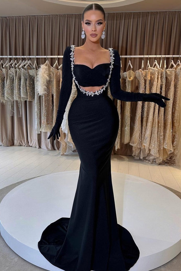 Showprettydess Black Long Sleeve Beaded Mermaid Prom Dress with Gloves-showprettydress
