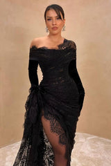 Showprettydess Black Long Tulle Prom Dress with Long Sleeves & Lace Appliques-showprettydress