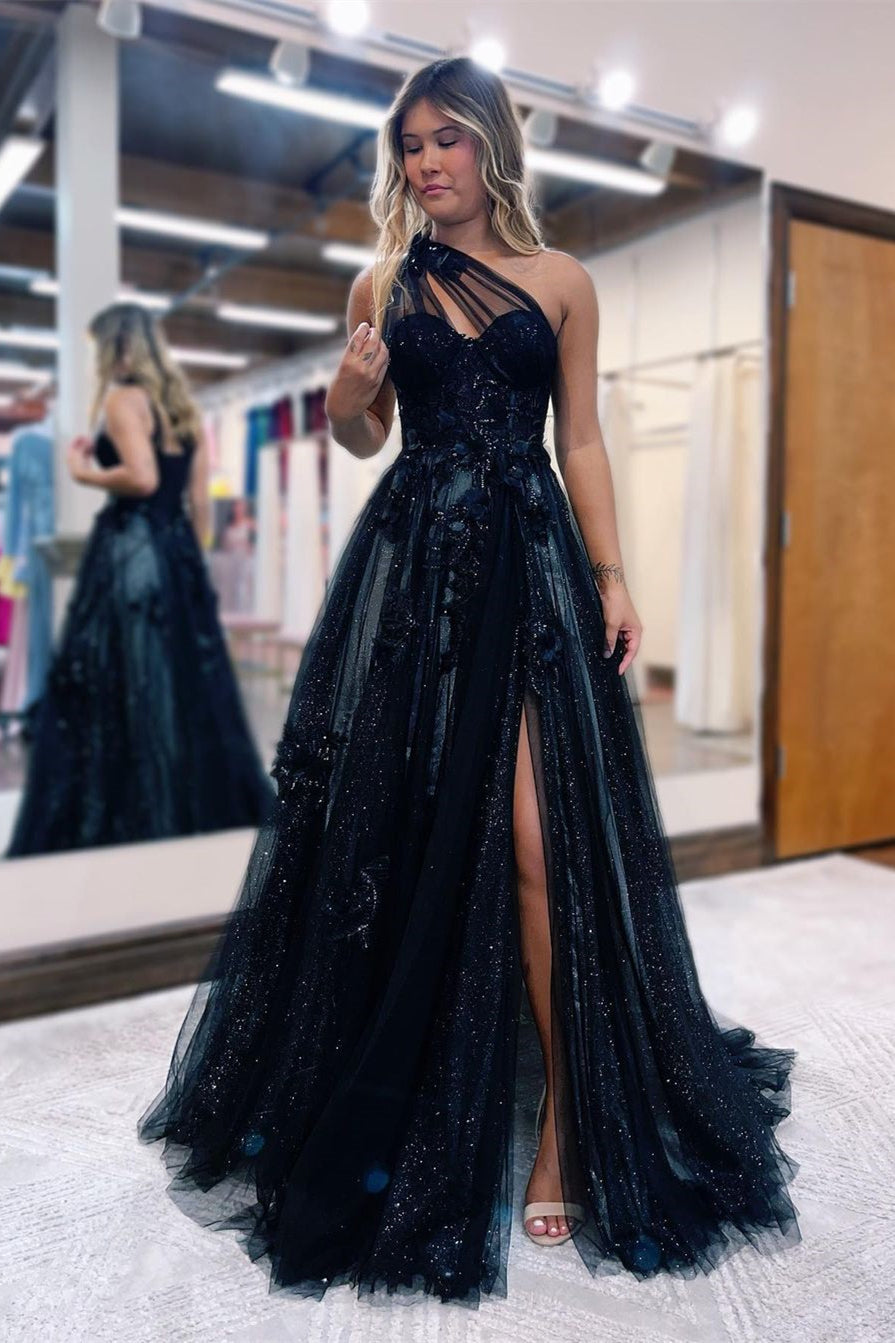 Showprettydess Black One-Shoulder A-Line Prom Dress with Side Split, Tulle & Appliqués-showprettydress