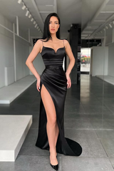 Showprettydess Black Spaghetti-Strap Mermaid Prom Dress with Split-showprettydress