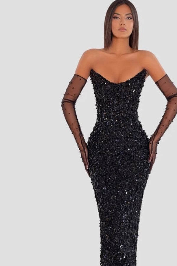 Showprettydess Black Strapless Long Prom Dress Sleeveless with Sequins-showprettydress