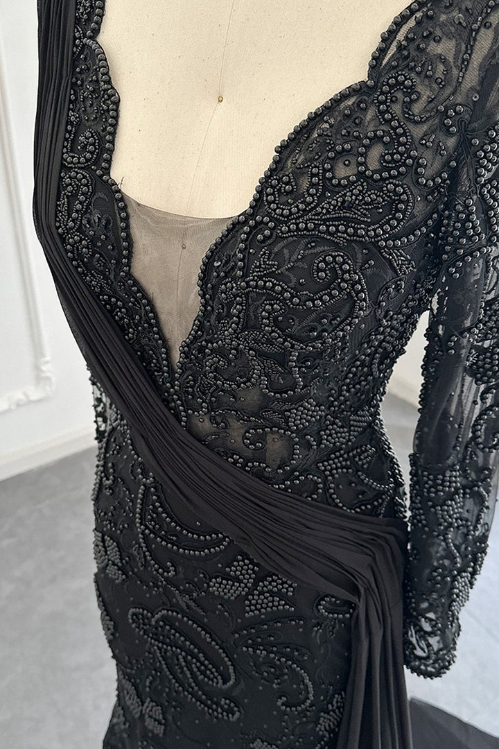 Showprettydess Black V-Neck Mermaid Prom Dress with Long Sleeves, Appliques & Ruffles-showprettydress