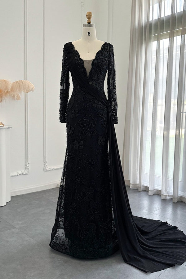 Showprettydess Black V-Neck Mermaid Prom Dress with Long Sleeves, Appliques & Ruffles-showprettydress