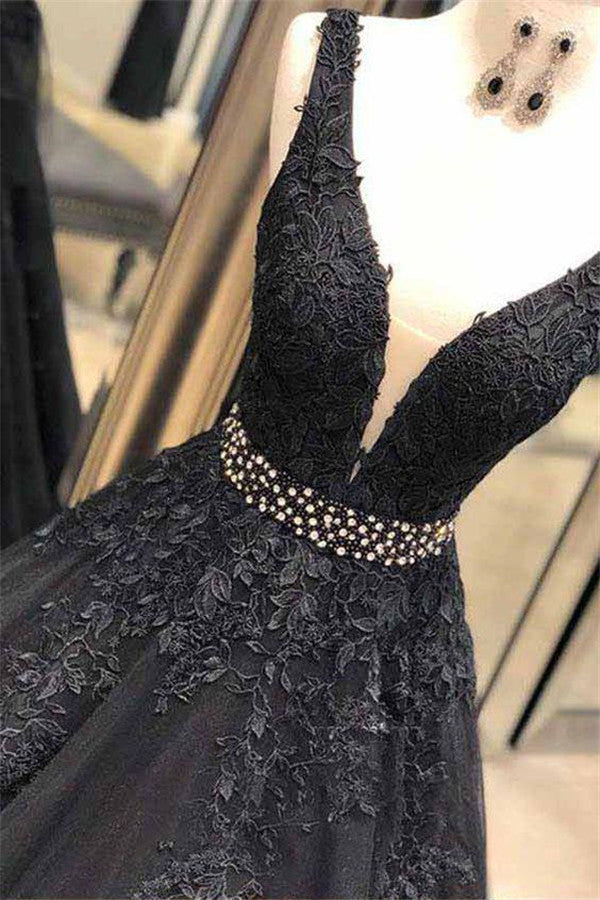 Showprettydess Black V-Neck Sleeveless Prom Dress with Appliqué Beadings-showprettydress