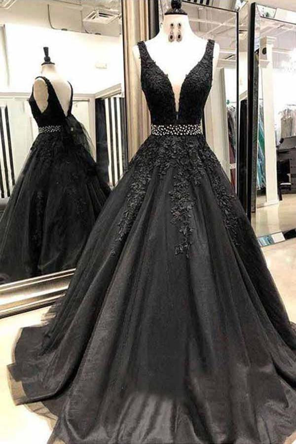 Showprettydess Black V-Neck Sleeveless Prom Dress with Appliqué Beadings-showprettydress